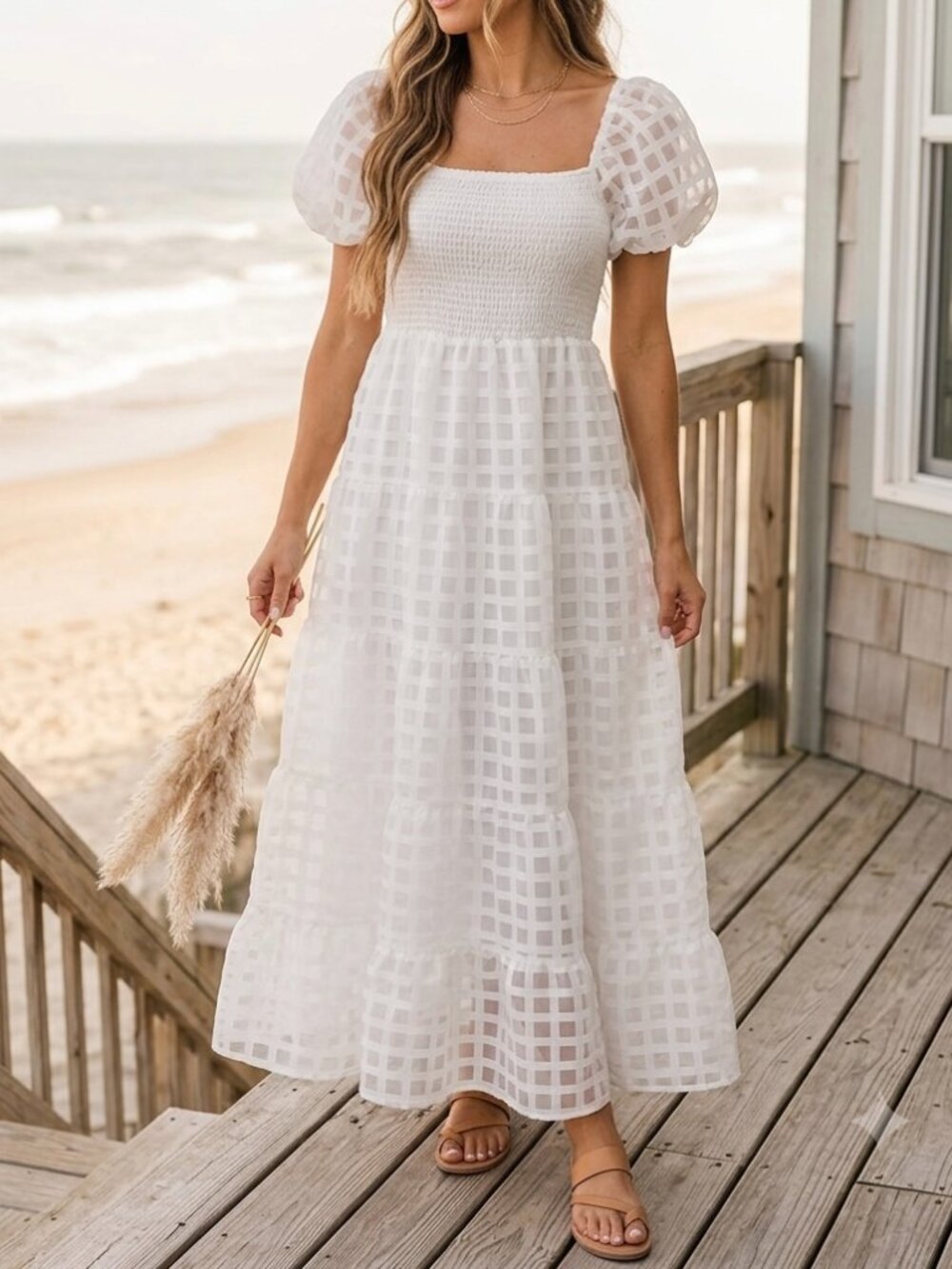 Pink Lily White Organza Checked Tiered Maxi Dress Medium Cottagecore Ethereal
